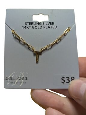 Brilliance Fine Jewelry T Initial Necklace 14kt Gold Plated Sterling Silver 18"